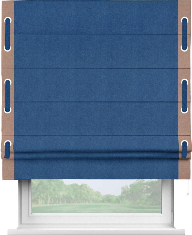 Римская штора «Кортин» с кантом Стрим Дуо (люверсы с пояском), для проема, ткань вельвет синий